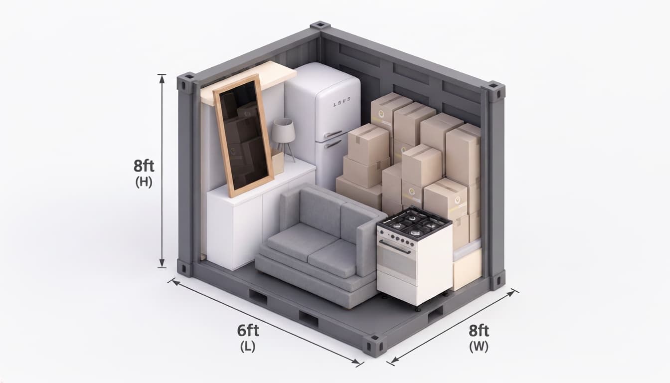 6ft storage container, cutaway with furniture and boxes