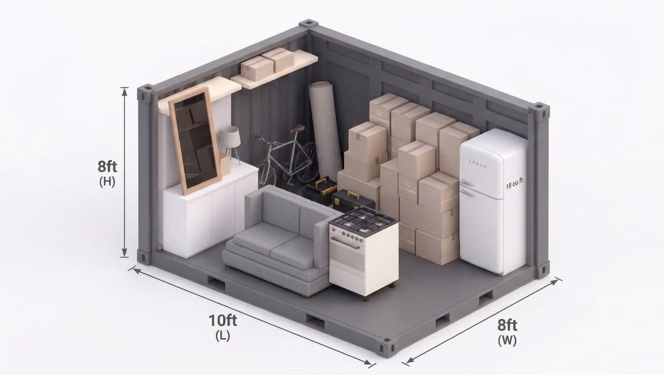 10ft storage container, cutaway with furniture and boxes
