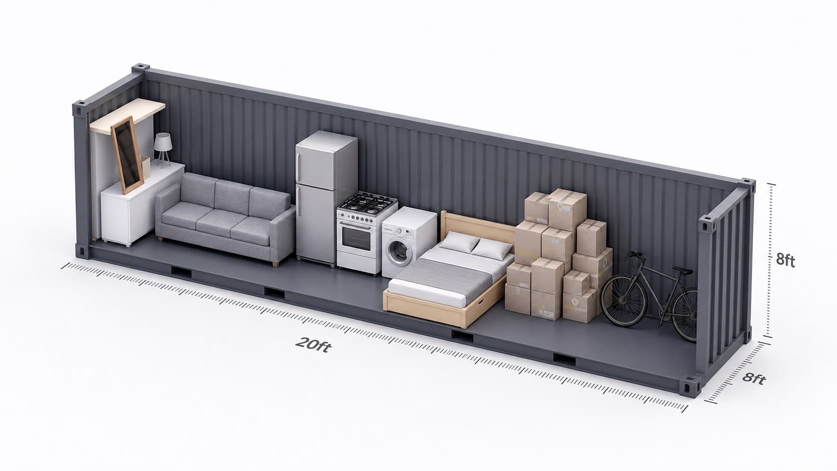 20ft storage container, cutaway with furniture and boxes