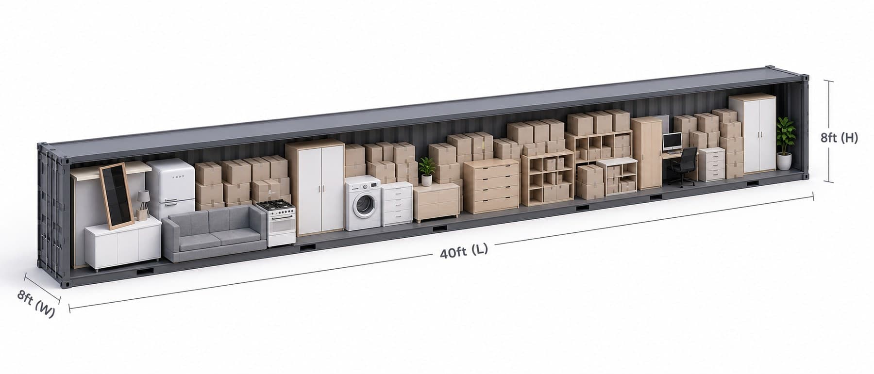40ft storage container, cutaway with furniture and boxes